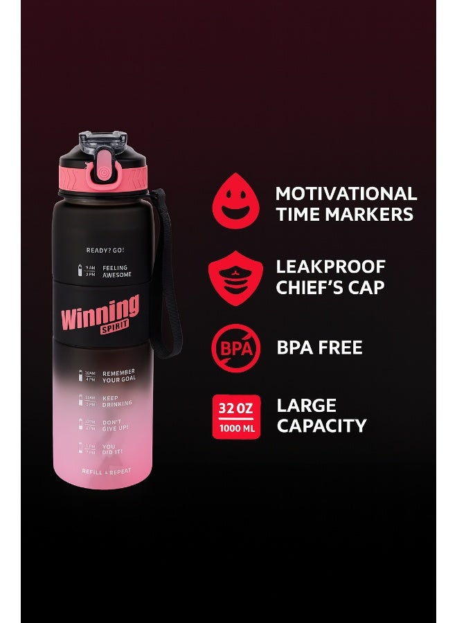 Toshionics 1000ml Motivational Winning Spirit Water Bottle with Time Markers, One-Touch Lockable Lid, Flip-Up Integrated Straw, One Carry Handle and Non-Slip Lid - BPA-Free, Leak-Proof Lid, Eco- Friendly, Plastic, Reusable, Drink Reminder Water Bottle for Adults and Kids in School, Office, Daily Hydration, Gym, Fitness, Yoga, Cycling, Hiking, Outdoor Camping, Hiking, Sports and Travel, 32oz Bottle - Image 2