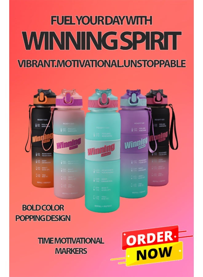 Toshionics 1000ml Motivational Winning Spirit Water Bottle with Time Markers, One-Touch Lockable Lid, Flip-Up Integrated Straw, One Carry Handle and Non-Slip Lid - BPA-Free, Leak-Proof Lid, Eco- Friendly, Plastic, Reusable, Drink Reminder Water Bottle for Adults and Kids in School, Office, Daily Hydration, Gym, Fitness, Yoga, Cycling, Hiking, Outdoor Camping, Hiking, Sports and Travel, 32oz Bottle - Image 4