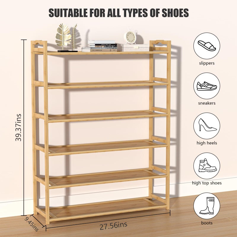 RESTSUKO 6-Tier Free Standing Shoe Racks, Bamboo Wood Shoe Rack for Entryway & Closet, Holds up to 24 Pairs of Shoes - Image 2
