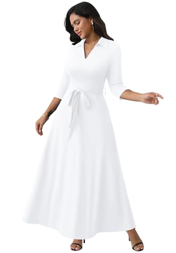 FANDEE Maxi Dresses for Women V Neck Casual A-line Dress 3/4 Sleeve Semi Formal Dress for Women White XL - Image 2