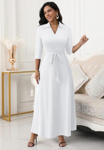 FANDEE Maxi Dresses for Women V Neck Casual A-line Dress 3/4 Sleeve Semi Formal Dress for Women White XL - Image 4