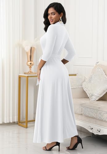 FANDEE Maxi Dresses for Women V Neck Casual A-line Dress 3/4 Sleeve Semi Formal Dress for Women White XL - Image 3