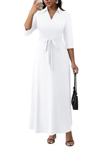 FANDEE Maxi Dresses for Women V Neck Casual A-line Dress 3/4 Sleeve Semi Formal Dress for Women White XL - Image 1