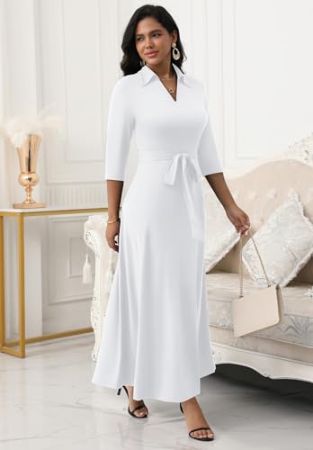 FANDEE Maxi Dresses for Women V Neck Casual A-line Dress 3/4 Sleeve Semi Formal Dress for Women White XL - Image 5
