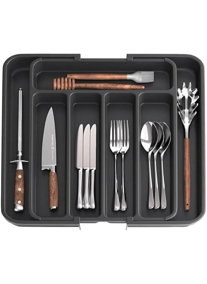 HOOKOR Silverware Drawer Organizer,Expandable Utensil Tray for Kitchen,Adjustable Utensil Organizer,Cutlery Drawer Organizer for Forks,Knives,Multipurpose Kitchen Organizers and Storage (Black)  - Image 1
