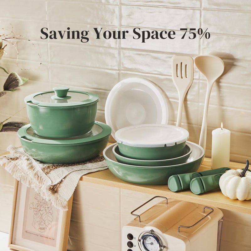 Redchef 16pcs Ceramic Pots and Pans Set Non Stick, Nonstick Ceramic Cookware Set with Detachable Handle, Non Toxic, PFAS PFOA & PTFE Free RV Cookware for Camping, Dishwasher/Oven Safe (Green) - Image 5
