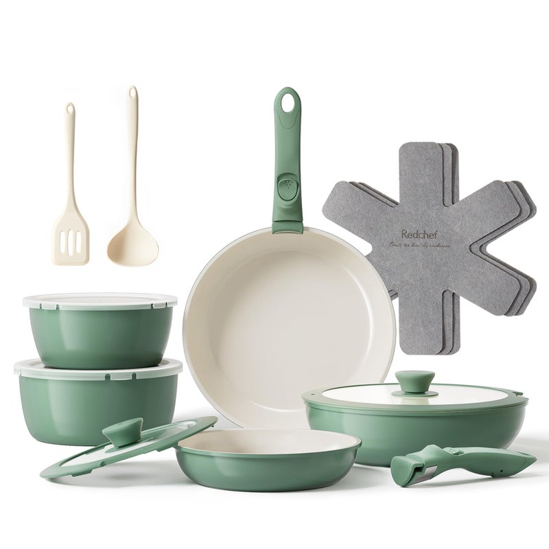 Redchef 16pcs Ceramic Pots and Pans Set Non Stick, Nonstick Ceramic Cookware Set with Detachable Handle, Non Toxic, PFAS PFOA & PTFE Free RV Cookware for Camping, Dishwasher/Oven Safe (Green) - Image 1