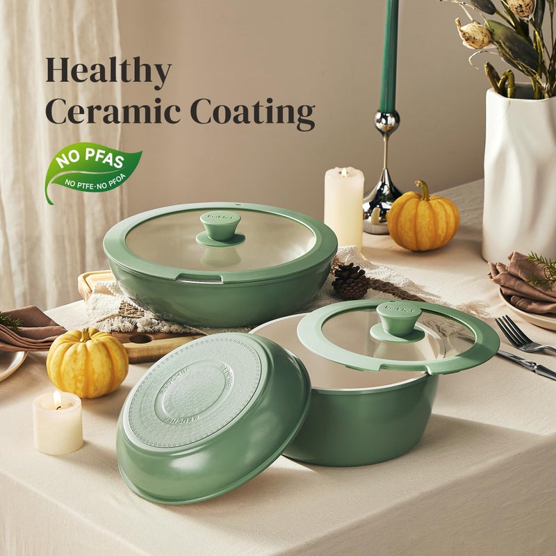 Redchef 16pcs Ceramic Pots and Pans Set Non Stick, Nonstick Ceramic Cookware Set with Detachable Handle, Non Toxic, PFAS PFOA & PTFE Free RV Cookware for Camping, Dishwasher/Oven Safe (Green) - Image 4