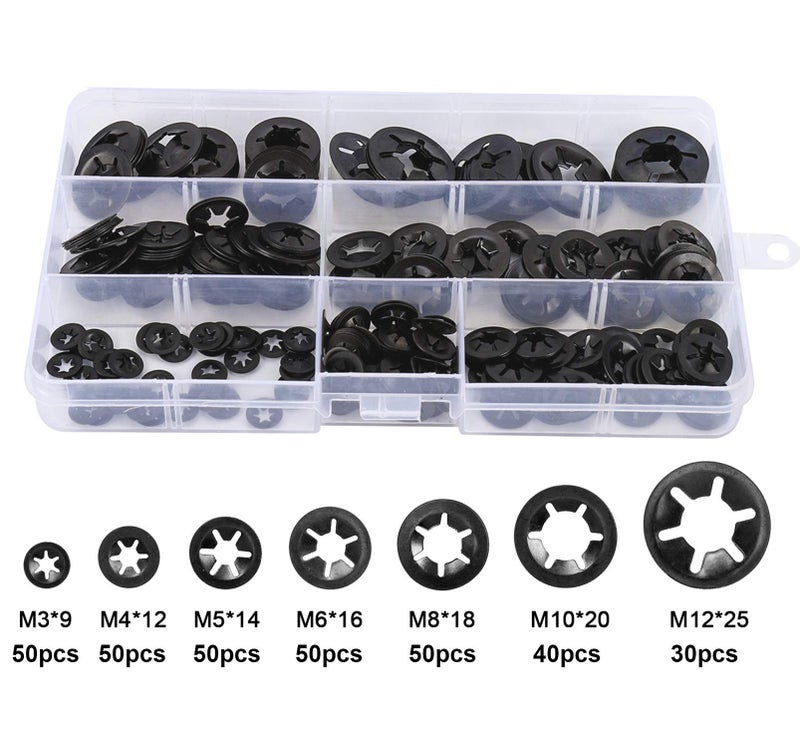 HanTof 7 Sizes 320PCS Internal Tooth Starlock Washers,Quick Speed Locking Washers, Push On Retainers Clips,Push On Nut Fasteners Assortment Kit for Shaft and Stud,65Mn Spring Steel,Black Oxide Finish - Image 3