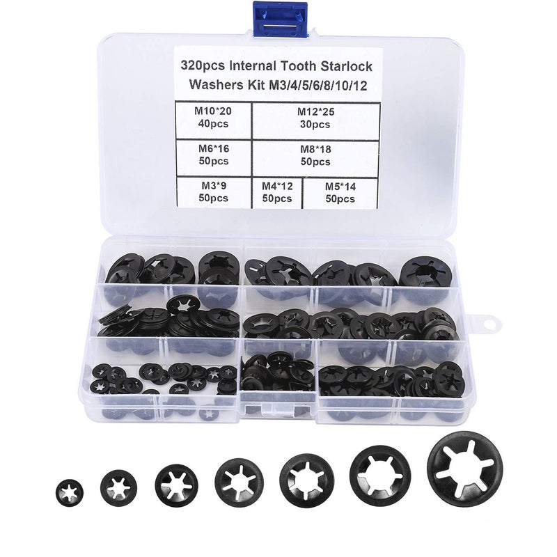 HanTof 7 Sizes 320PCS Internal Tooth Starlock Washers,Quick Speed Locking Washers, Push On Retainers Clips,Push On Nut Fasteners Assortment Kit for Shaft and Stud,65Mn Spring Steel,Black Oxide Finish - Image 1