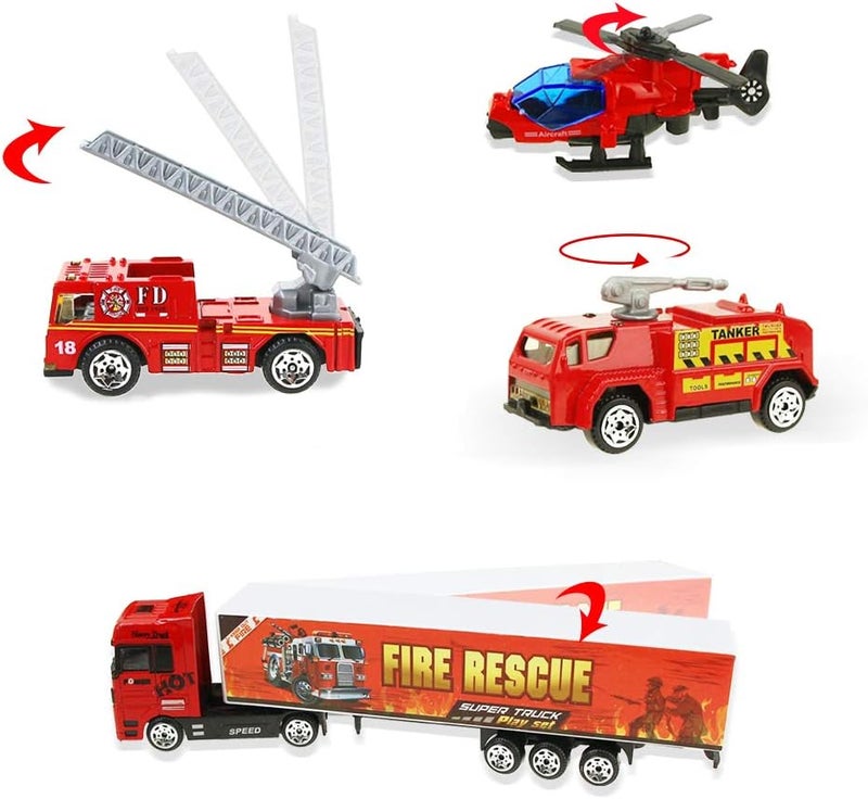 Coolplay Upgraded general grade quality Fire Truck Toy Set Mini Die-cast Car Set Rescue Emergency Vehicles Fire Engine Vehicle 10 in 1 Big Carrier Truck for Kids Boys and Girls Quick assemble - Image 2