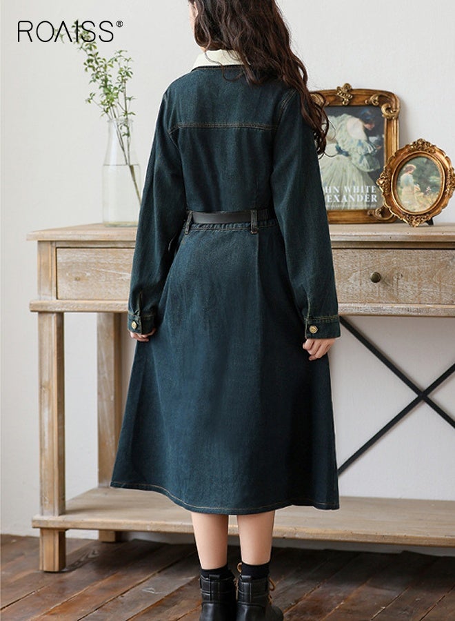 رويس فستان جينز للبنات مع حزام، فستان أنيق بقصّة A للبنات، فستان بأكمام طويلة وأزرار وياقة قميص وجيبين جانبيين، مناسب للارتداء اليومي أو أي مناسبة - Image 3