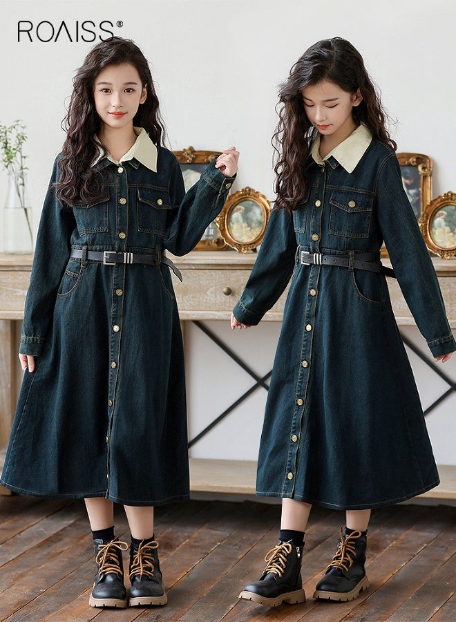 رويس فستان جينز للبنات مع حزام، فستان أنيق بقصّة A للبنات، فستان بأكمام طويلة وأزرار وياقة قميص وجيبين جانبيين، مناسب للارتداء اليومي أو أي مناسبة - Image 4