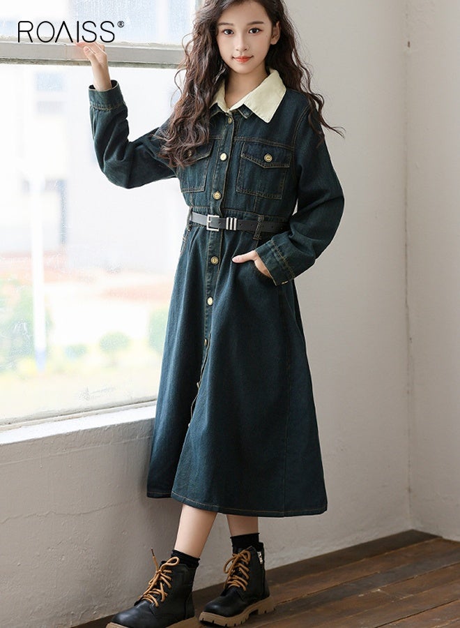 رويس فستان جينز للبنات مع حزام، فستان أنيق بقصّة A للبنات، فستان بأكمام طويلة وأزرار وياقة قميص وجيبين جانبيين، مناسب للارتداء اليومي أو أي مناسبة - Image 5
