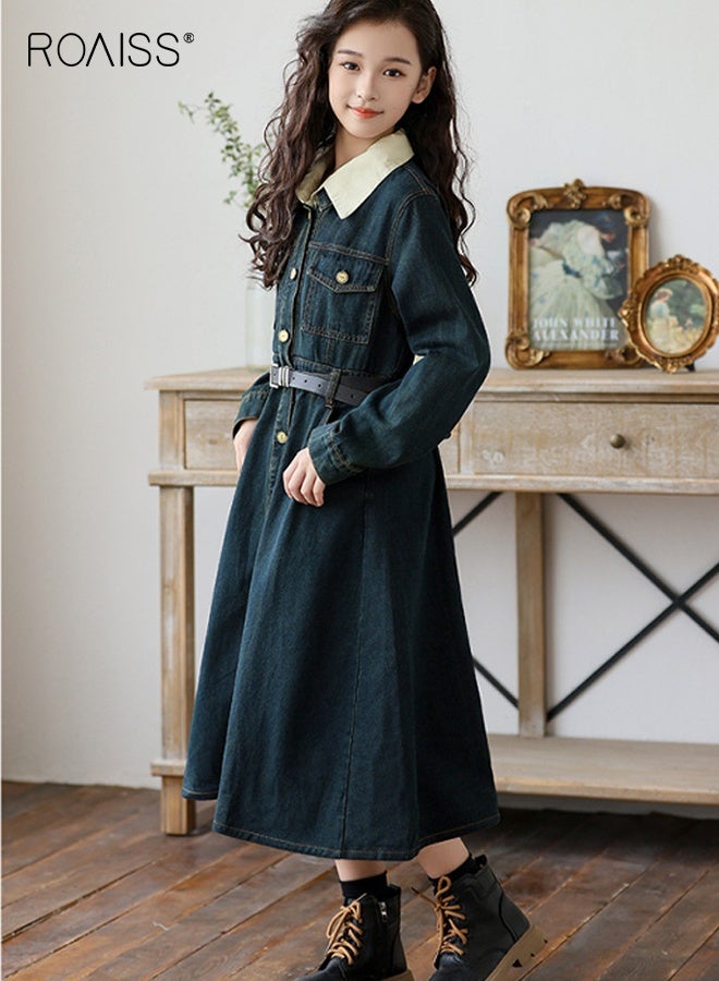 رويس فستان جينز للبنات مع حزام، فستان أنيق بقصّة A للبنات، فستان بأكمام طويلة وأزرار وياقة قميص وجيبين جانبيين، مناسب للارتداء اليومي أو أي مناسبة - Image 2