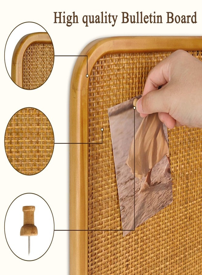 Umtiti 13" x 17" Bulletin Board, Round-Edged Rectangle Cork Board，Wooden Frame with Boho Style Rattan Wall Organizer,3343Teng - Image 3