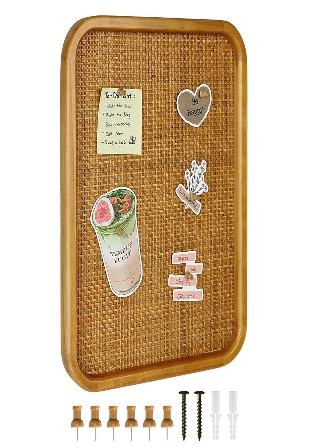 Umtiti 13" x 17" Bulletin Board, Round-Edged Rectangle Cork Board，Wooden Frame with Boho Style Rattan Wall Organizer,3343Teng - Image 1