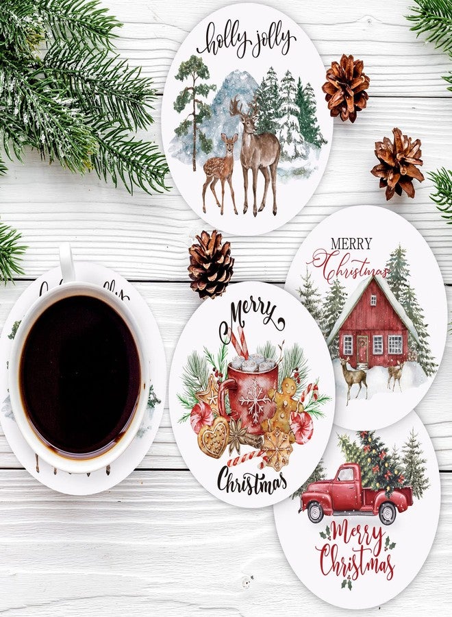 وولاين مجموعة قواعد أكواب "عيد ميلاد سعيد" من والين، 4 قطع، بتصميم ريفي مائي، مزينة بشجرة عيد الميلاد وشاحنة. مصنوعة من السيراميك الماص، مثالية لتزيين الأكواب والأكواب في المنزل والمطبخ والمكتب وطاولات الحفلات. - Image 4