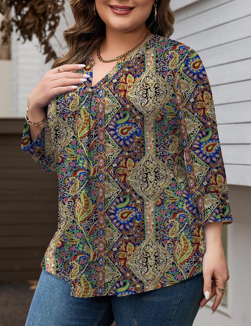 TFSDOD Boho Tops for Women Plus Size Casual V Neck Women Blouses 3/4 Length Sleeve Womens Tops Pleated Loose Tshirts Boho 4X - Image 3