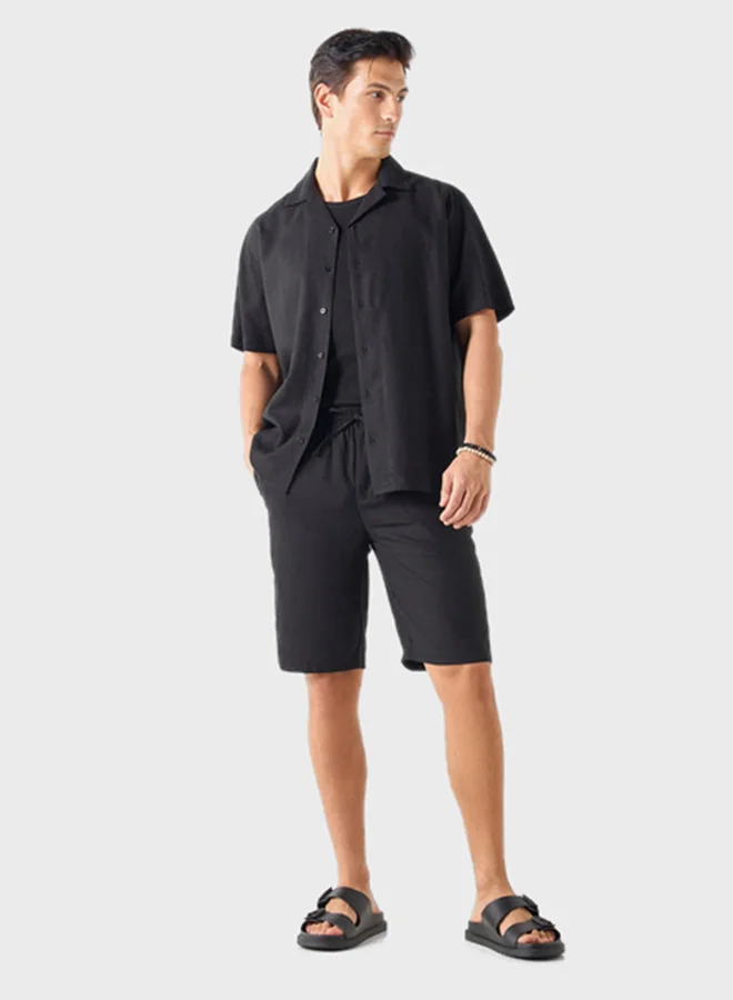 Iconic Solid Relaxed Fit Linen Blend Shirt With Camp Collar