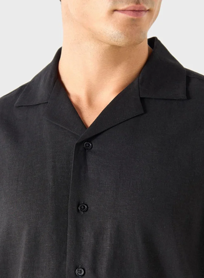 Iconic Solid Relaxed Fit Linen Blend Shirt With Camp Collar