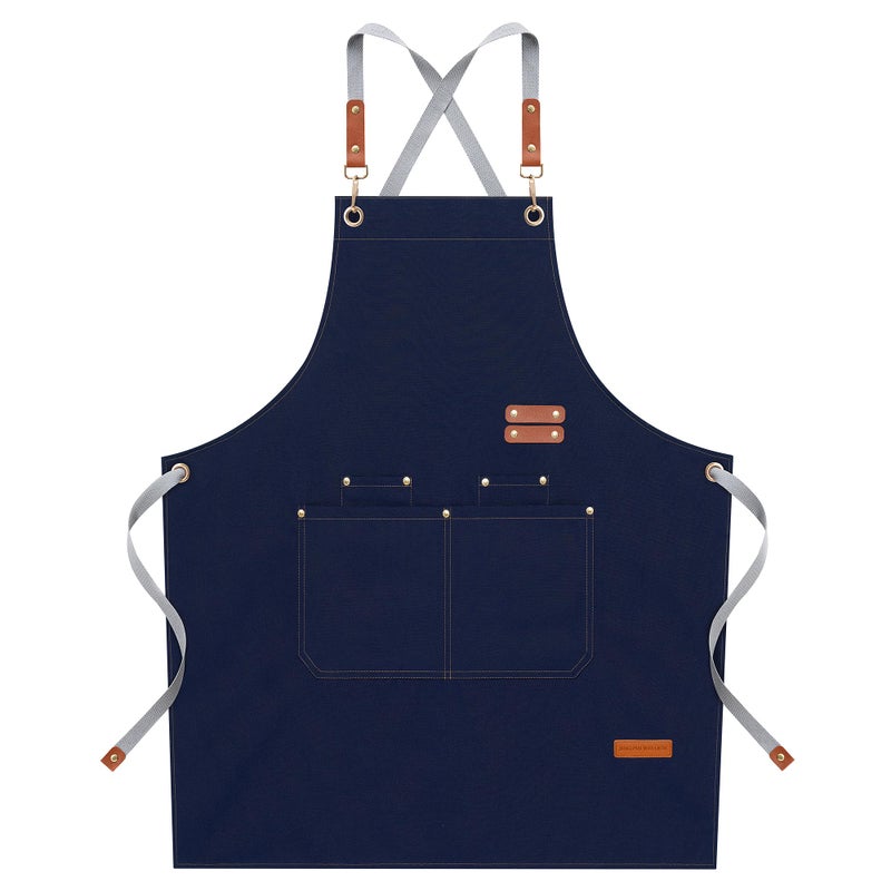 LOYGLIF Chef Aprons for Men Women with Large Pockets Cotton Canvas Cross Back Adjustable Cooking Kitchen Work Waterproof Bib Apron Blue