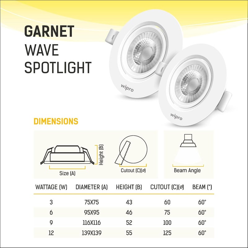 WIPRO wipro Garnet 9W Round Led Wave SpotlightCob Spotlight for CeilingWarm White Light 2700KAdjustable DesignRecessed Tiltable Downlighter for False CeilingCutout100 MmPack of 1  - Image 3