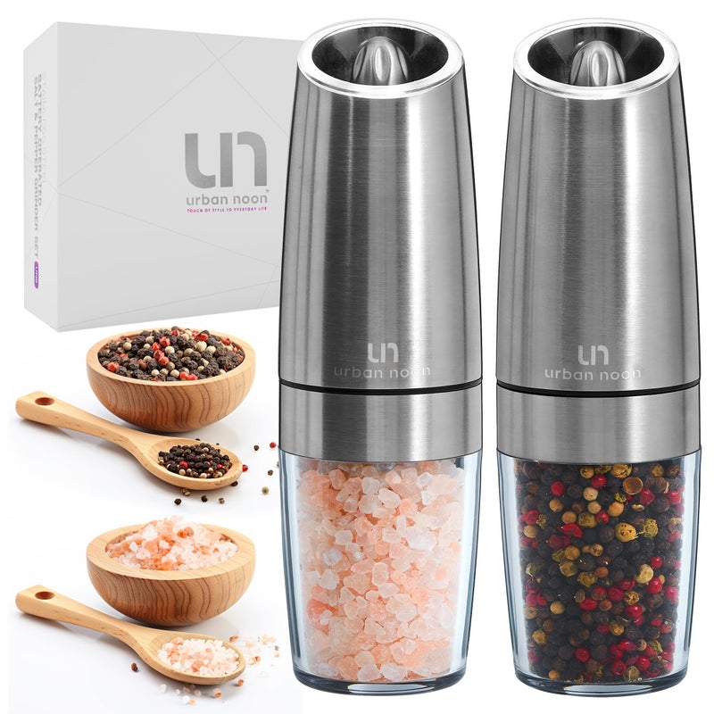 Urban Noon Gravity Salt and Pepper Grinder Set  Battery Operated Stainless Steel Mills with Light 2 Grinders  Automatic One Handed Operation  Electric Adjustable Shakers  Ceramic Grinders