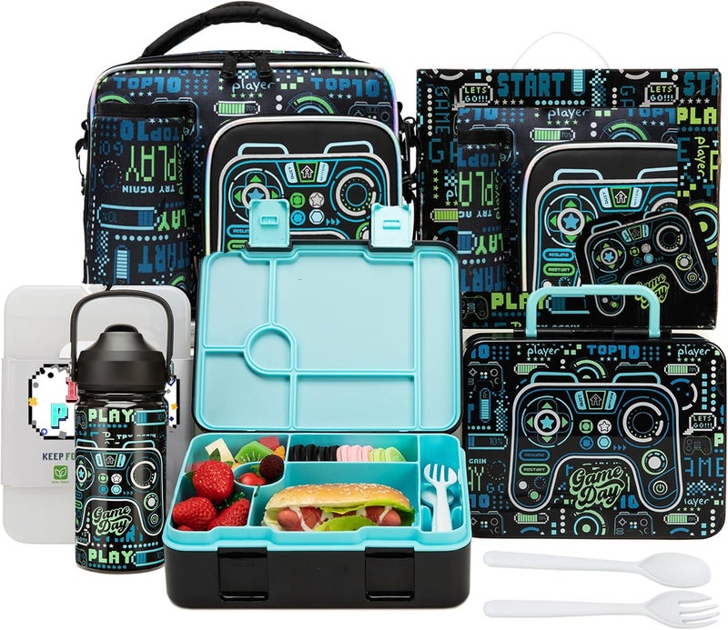 Oruiji Boys Bento Box for Kids Lunch Box Set for Boys with 6 Compartment,Stainless Steel Water Bottle,Lunch Bag,Ice Pack Set Back to School Supplies Birthday Gift for Kids 5-12 - Image 1