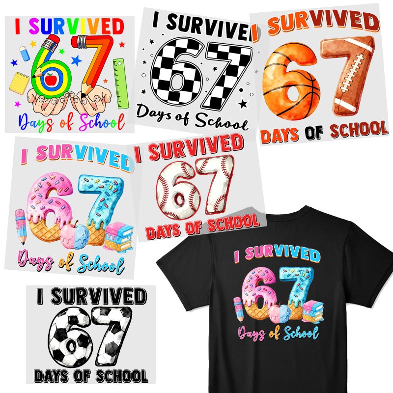 ANTING 6 Sheets I Survived 67 Days of School Iron on Heat Press Decals Stickers,Six Seven 67 Themed HTV Heat Transfer Vinyl Letter Patches for T Shirt Pillow Clothes Backpack - Image 1