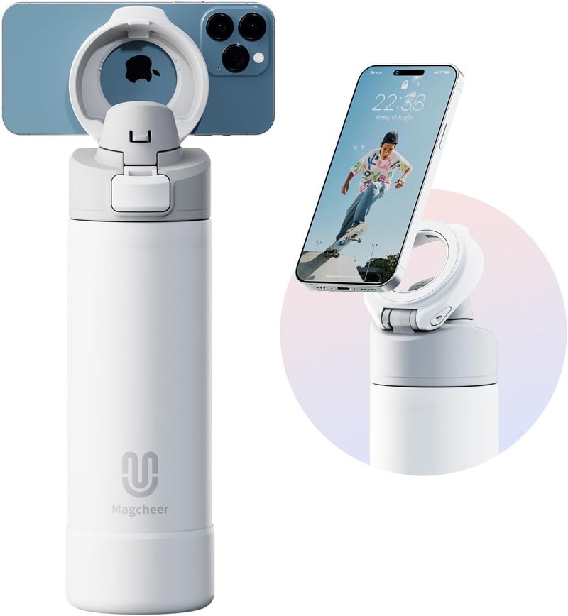 Insulated Magnetic Water Bottle  Reusable Stainless Steel Bottle with MagSafe Compatible Phone Holder  Keeps Cold for 24 Hours  Perfect for Gym Sports and Travel  White 24oz