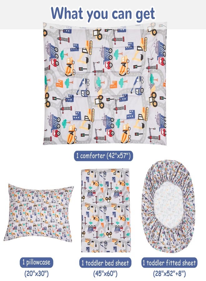 lasoftan Construction Toddler Bedding Set for Boys, 4 Piece Bed-in-a-Bag Toddler Comforter Sets, Excavator, Cars Printed, Super Soft and Comfortable Microfiber Todeeler Bed Set - Image 4