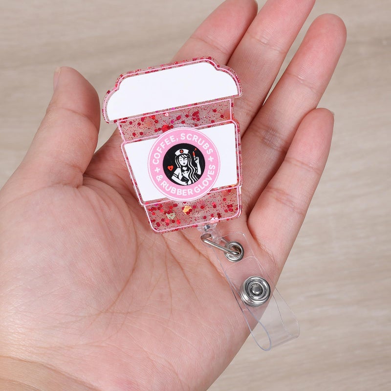 BEZTN Coffee, Scrubs & Rubber Gloves Funny Badge Reel, Pink Retractable ID Card Badge Holder, Name Tag Work Badge Clip for RN LPN CNA MA ER ICU Night Shift Nurse Nursing Student OB/GYN Doctor, Nurse Gifts - Image 3