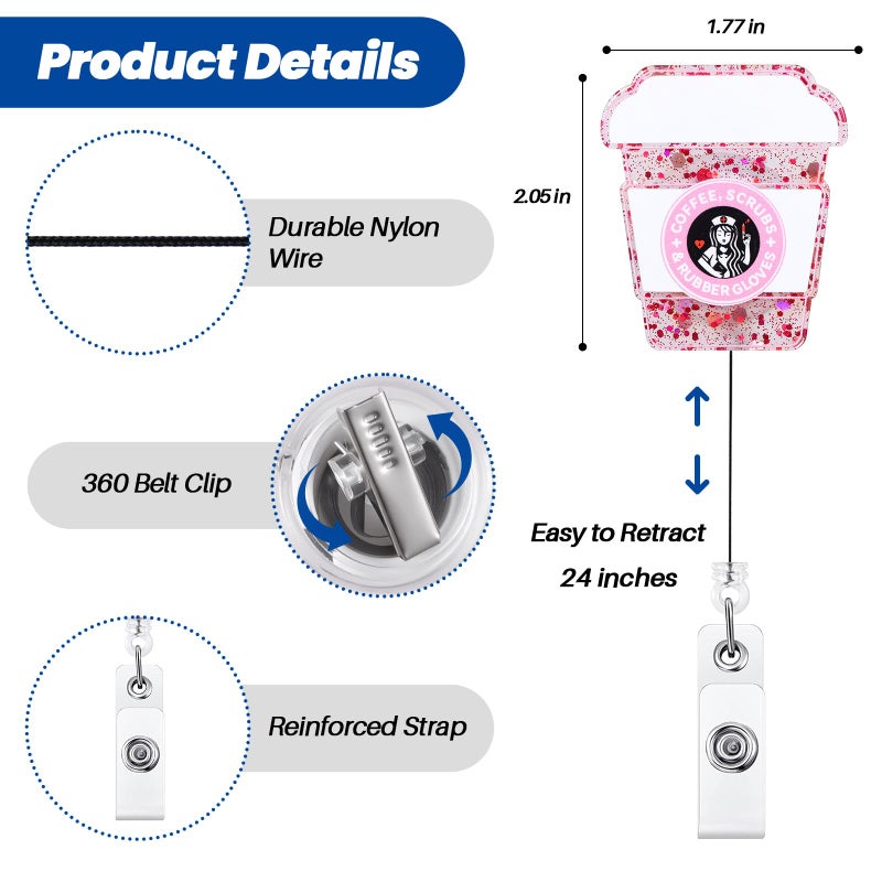 BEZTN Coffee, Scrubs & Rubber Gloves Funny Badge Reel, Pink Retractable ID Card Badge Holder, Name Tag Work Badge Clip for RN LPN CNA MA ER ICU Night Shift Nurse Nursing Student OB/GYN Doctor, Nurse Gifts - Image 4