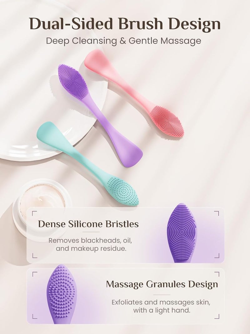 Rena Chris Silicone Face Scrubber, 3 in 1 Face Mask Applicator & Pore Cleaning Brush, 3 Pack Double-End Facial Cleansing Brush for Exfoliating, Blackhead Removal, Skincare Applicator for Mud - Image 3