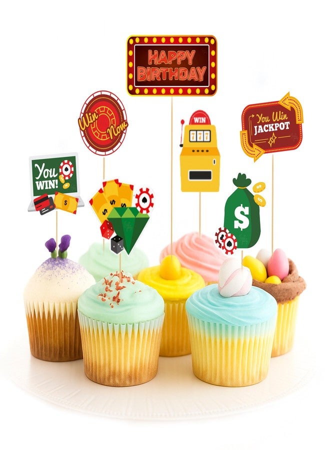 Just Party Casino Theme Happy Birthday Cake Topper & Birthday Props for Kids | Vegas Style Cake Toppers for Cake Decoration & Photo Props / Muffin Toppers | Set of 6 Props + 1 Topper - Image 1