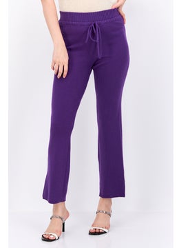 UNDIZ Women Ribbed Drawstring Straight Leg Pants, Purple  - Image 1