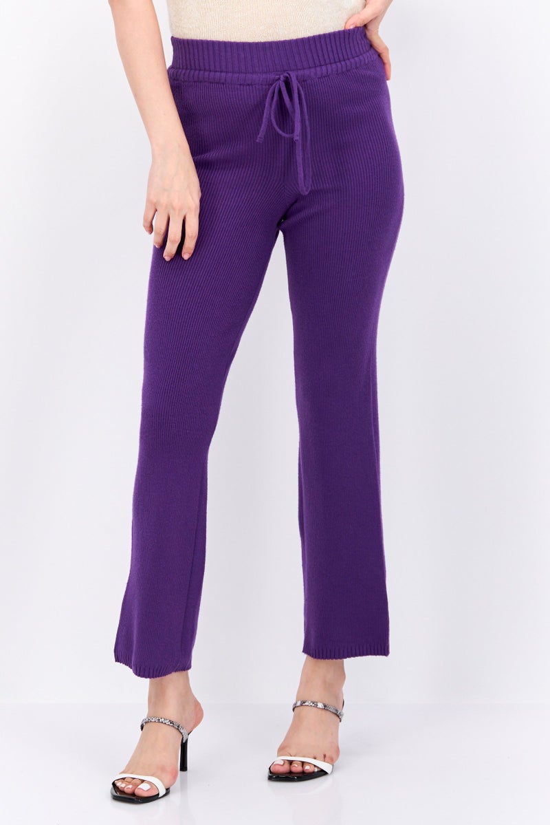UNDIZ Women Ribbed Drawstring Straight Leg Pants, Purple - Image 1