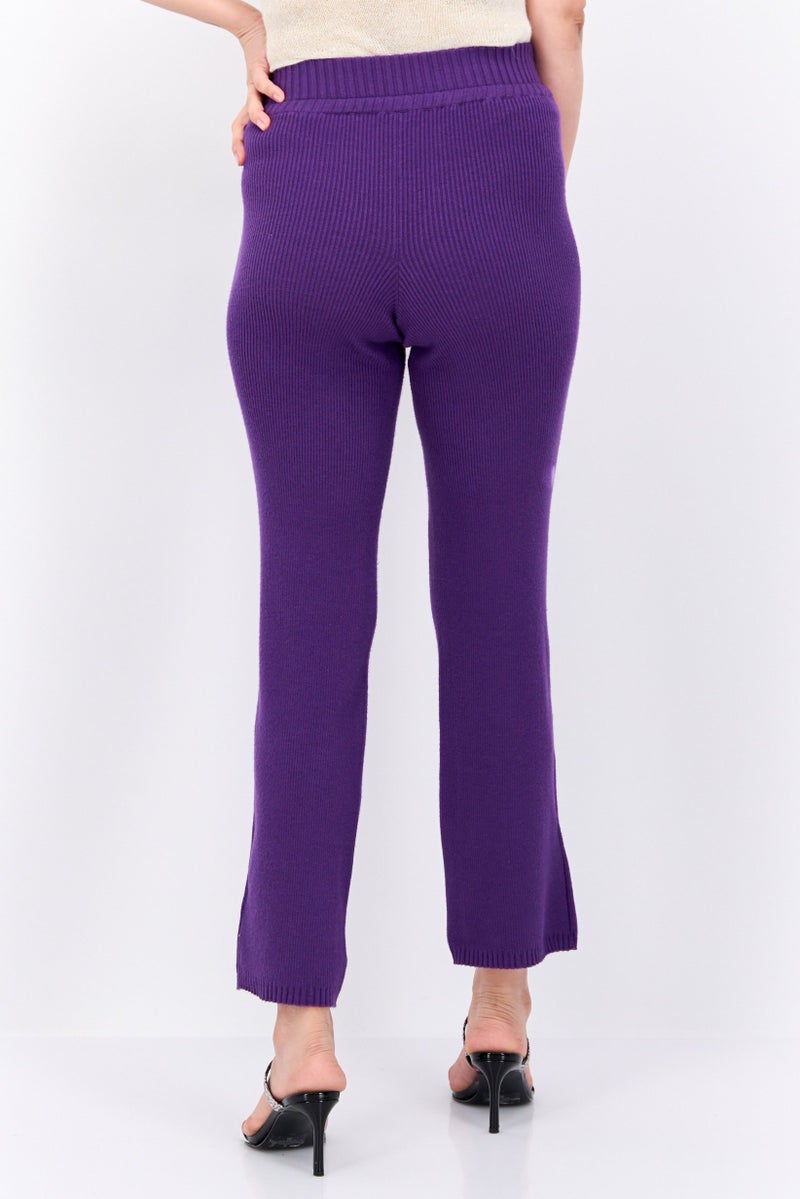 UNDIZ Women Ribbed Drawstring Straight Leg Pants, Purple - Image 2