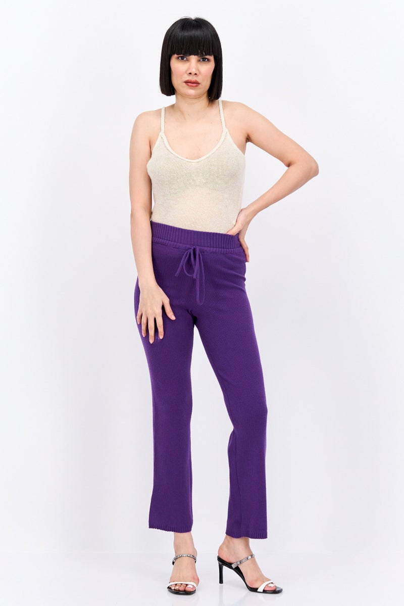 UNDIZ Women Ribbed Drawstring Straight Leg Pants, Purple - Image 4
