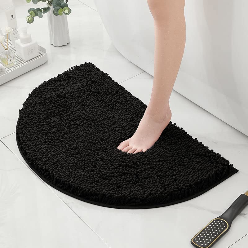 HYFAN Half Round Microfiber Chenille Non-Slip Bathroom Bath Rug Super Absorbent Quick Drying Shower Mat Soft Shaggy Bathtub Rugs Machine Washable Semi Circle Floor Decor Mat (Black, 40-60cm) - Image 1
