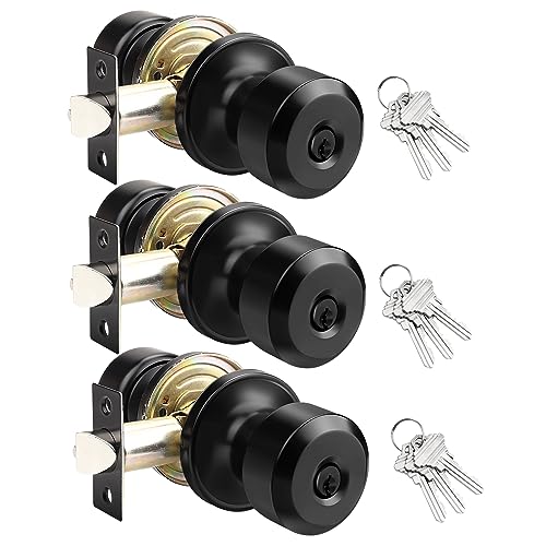 KNOBWELL 3 Pack Entry Door Knob with Lock and Keys, Keyed Alike Exterior Door Knobs in Matte Black Finish - Image 1