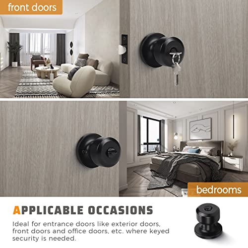 KNOBWELL 3 Pack Entry Door Knob with Lock and Keys, Keyed Alike Exterior Door Knobs in Matte Black Finish - Image 3