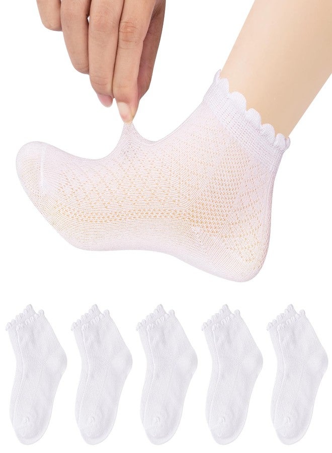 Looching 5 Pairs Toddler Baby Girls Mesh Thin Socks Summer Ruffle White Cotton Soft Low Cut Ankle Dress Socks for 4-6T Kids - Image 1
