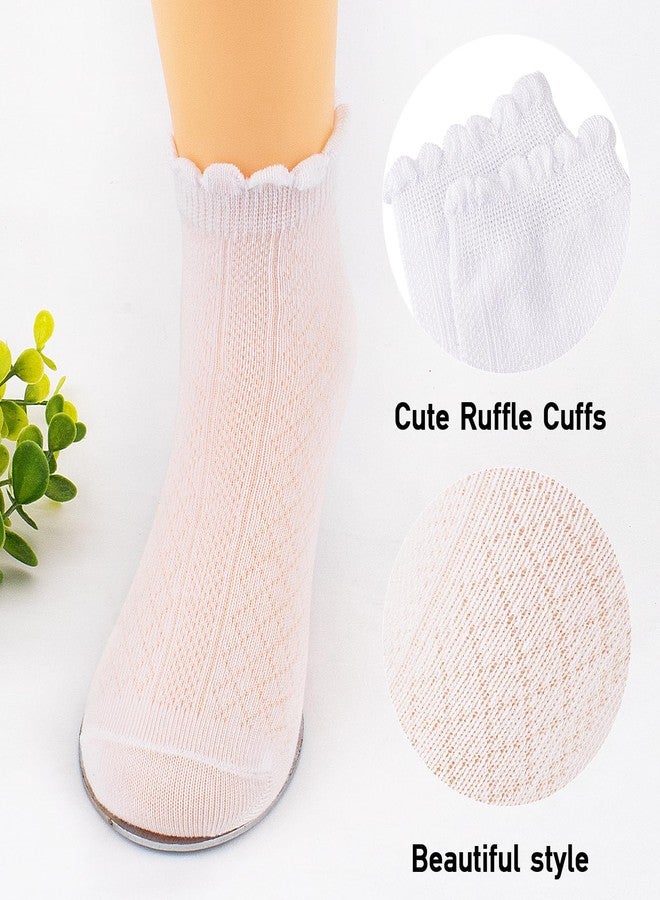 Looching 5 Pairs Toddler Baby Girls Mesh Thin Socks Summer Ruffle White Cotton Soft Low Cut Ankle Dress Socks for 4-6T Kids - Image 3