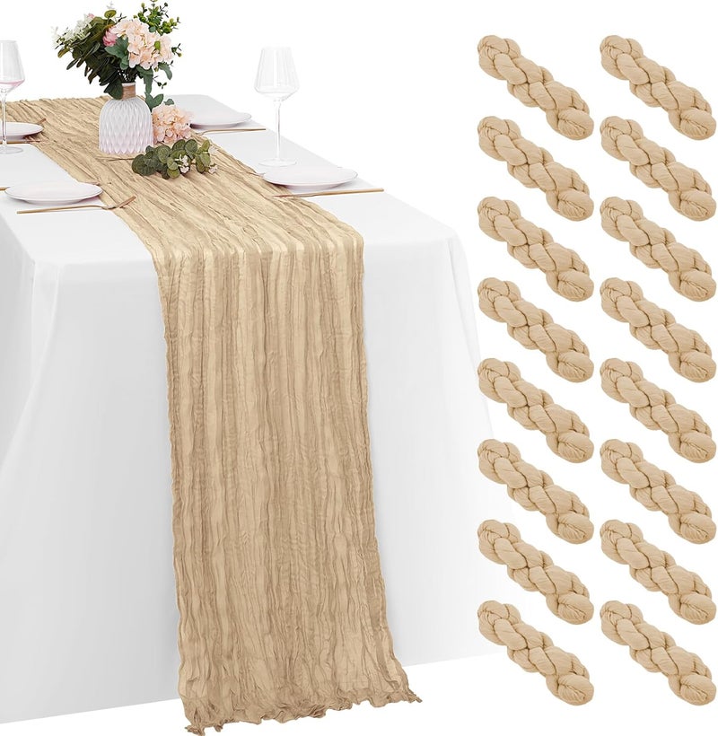 Yorcari 16 Pack Beige Cheesecloth Table Runners 20x120 Inch Gauze Table Runner Cheese Cloth 10FT Beige Table Runner Rustic Sheer Runner for Wedding Birthday Party Baby Shower Table Decor - Image 1