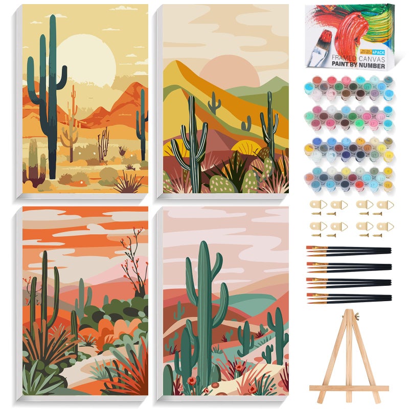 Offito 4 Pack Framed Paint by Numbers Kit for Adults Beginners with Wooden Easel, Flowers Vase Easy Paint by Number Kit with Frame, Watercolor Adult Paint by Number Framed Canvas (8 * 12 Inch) - Image 1