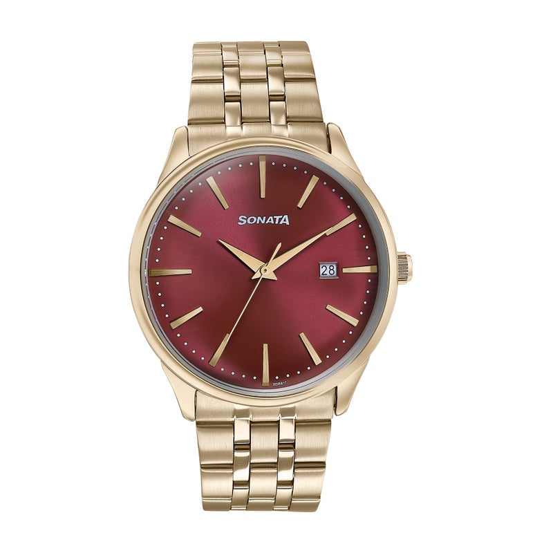 Sonata Wedding Edit Quartz Analog with Date Red Dial Stainless Steel Strap Watch for Men - Image 5