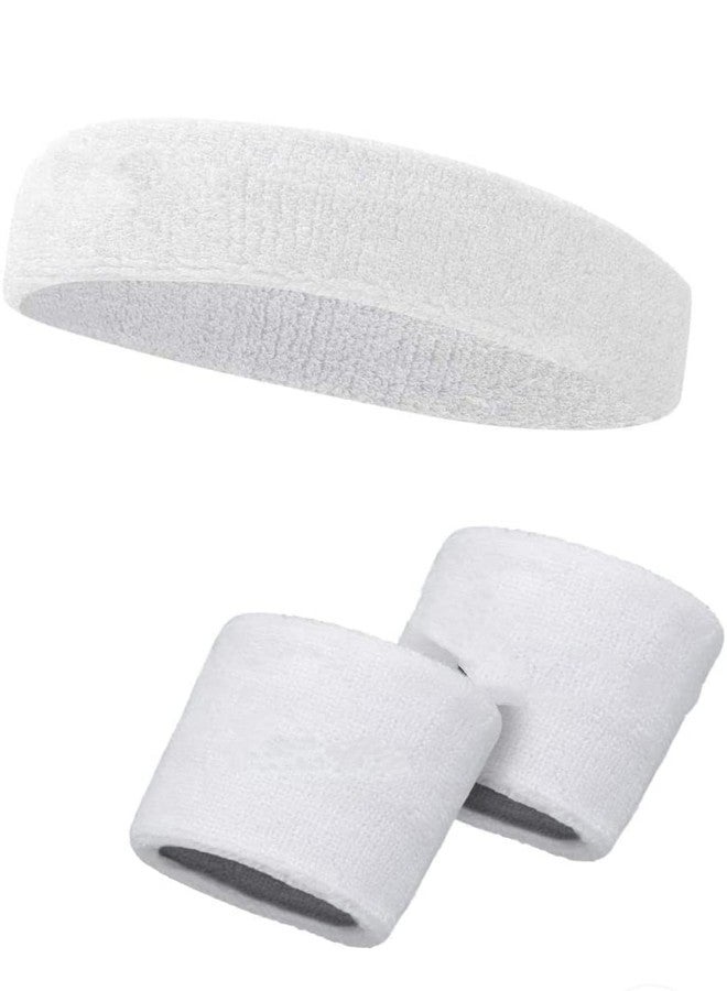 STEFFER Headband Wristband for Sports Gym Workout,Yoga (1Headband -2 Wristbands) Unisex Fitness Band (White) - Image 1