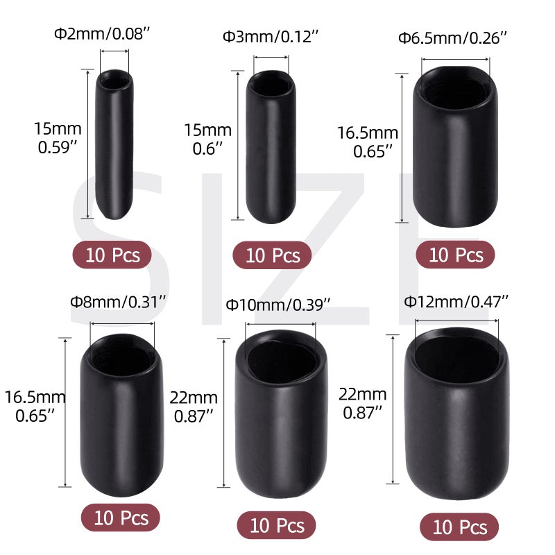 Aleric Rubber End Caps - 60pcs Flexible Screw Thread Protector Covers Rubber Bolt Covers Caps for Metal Tube Rod in 6 Sizes 2mm,3mm,6.5mm,8mm,10mm,12mm - Image 2